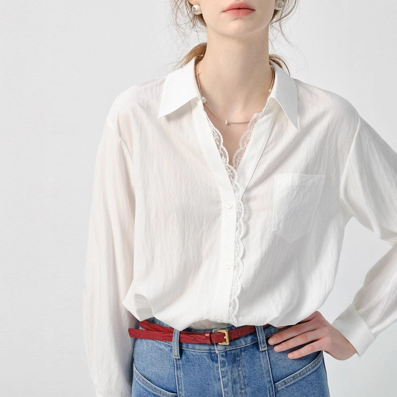 Vega Chang White Shirt Women's Long-Sleeved 2025 Autumn New Style European Style Lace Thin Loose Top