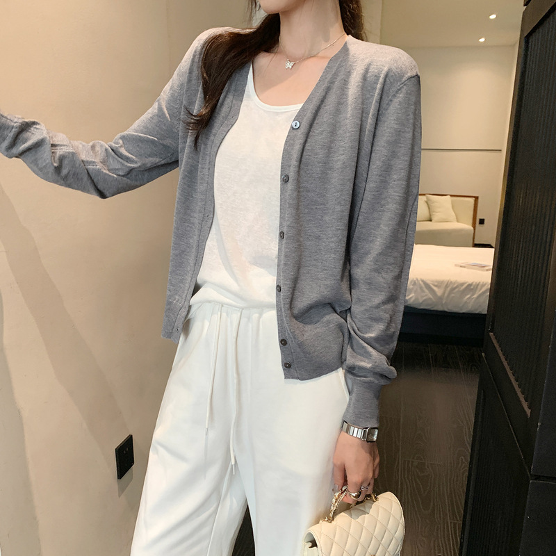 V领外搭薄款长袖羊毛针织开衫外套女装韩版2025新款慵懒早秋上衣|undefined