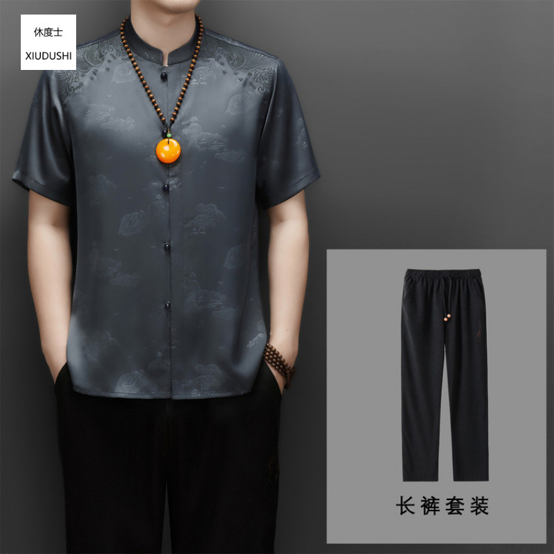 Retro Hanfu Men's Suit, Middle-aged and Elderly Father's Outfit, Chinese Style Tang Suit, High-end Two-Piece Set of Shirt and Trousers