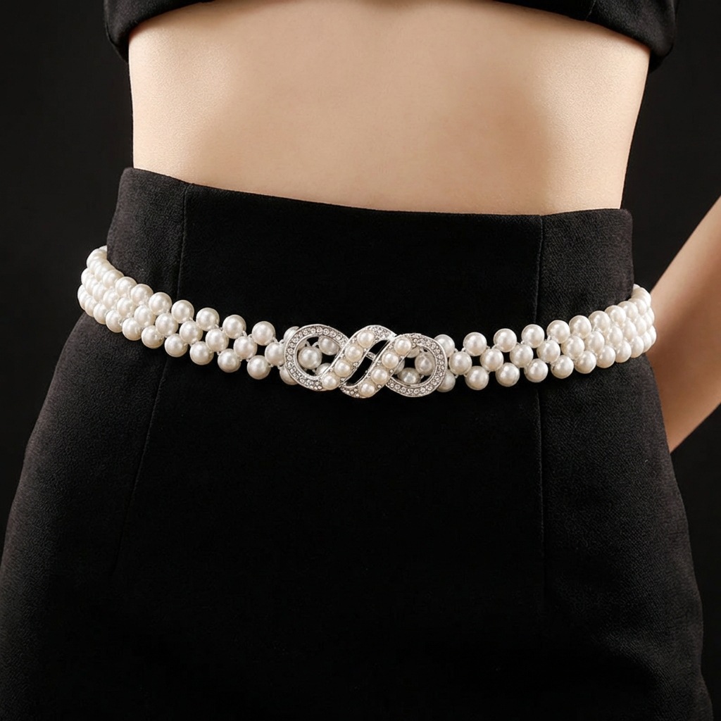 Women's Pearl Waist Chain Korean Style Rhinestone Pearl Decorated Belt Fashionable Sweet Dress Elastic Belt Wholesale for Women