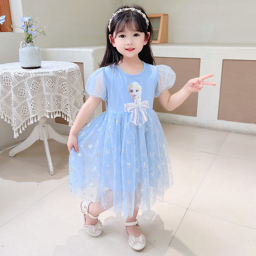 Summer Dress for Girls 2024 New Ice Age Elsa Princess Short Sleeve Children's Net Puff Dress