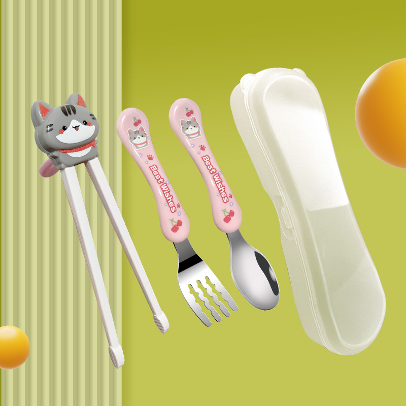 패턴학습젓가락 + 304 스푼과 포크 + 박스 - 회색고양이