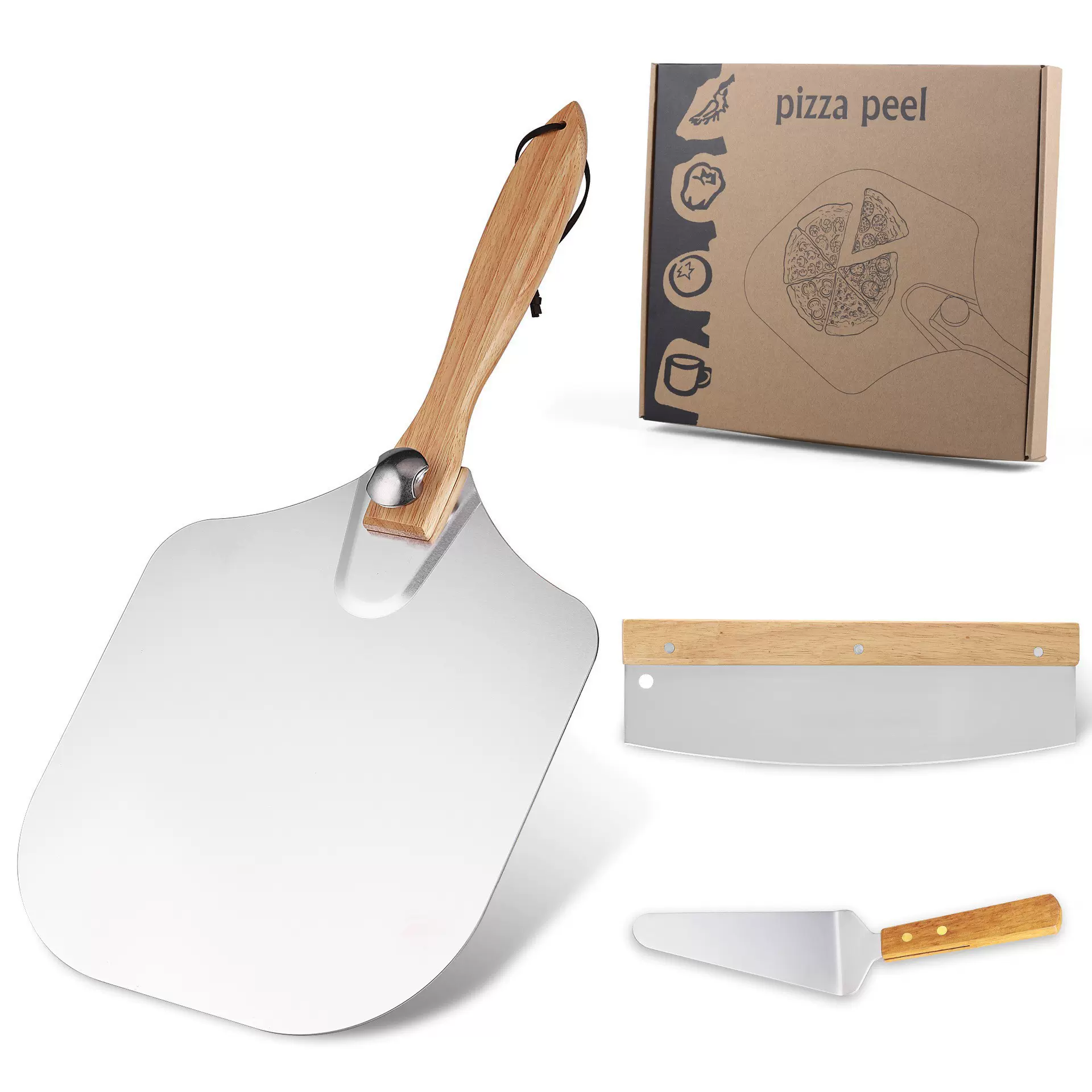 折叠铝披萨铲12寸木柄转移披萨铲披萨切刀工具组合套装烘焙披萨铲