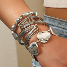 欧美跨境热销多层线条缠绕几何开口手镯套装朋克风波浪形串珠手链