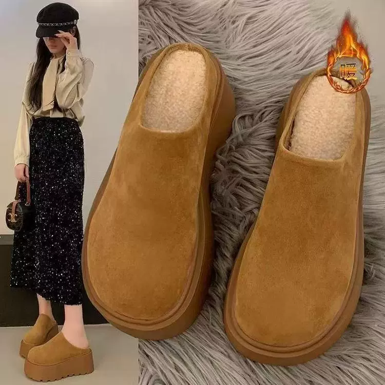 7cm厚底加绒包头半拖鞋外穿2025秋季新款一脚蹬休闲百搭勃肯鞋女