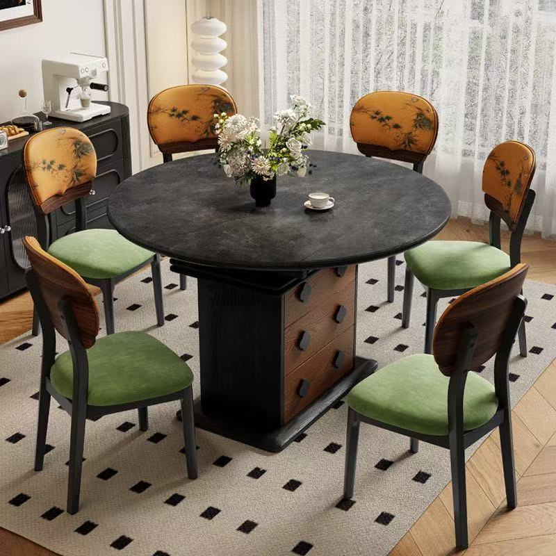 French-Style Vintage Solid Wood Dining Table and Chair Set, Antique-Style Home-Use Rectangular and Round Dual-Purpose Extendable Folding Dining Table