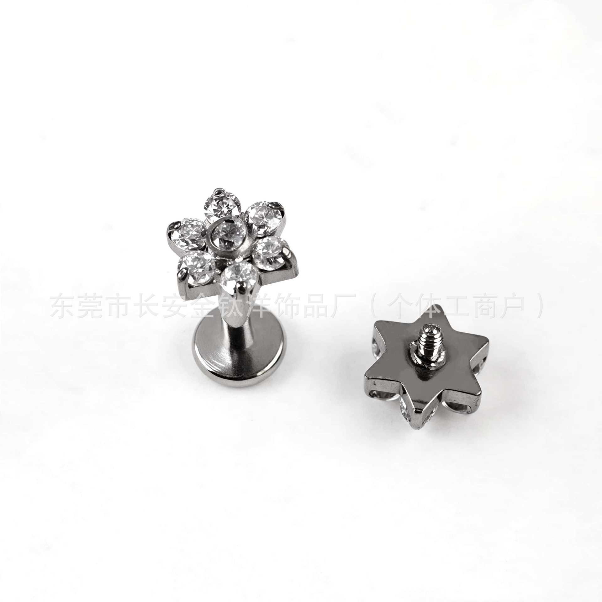 F136 Titanium 7-Drill Flower with Zirconium Internal Thread Labret Stud - G23 Titanium Lip/Ear/Ear Bone Piercing Jewelry detail image 8