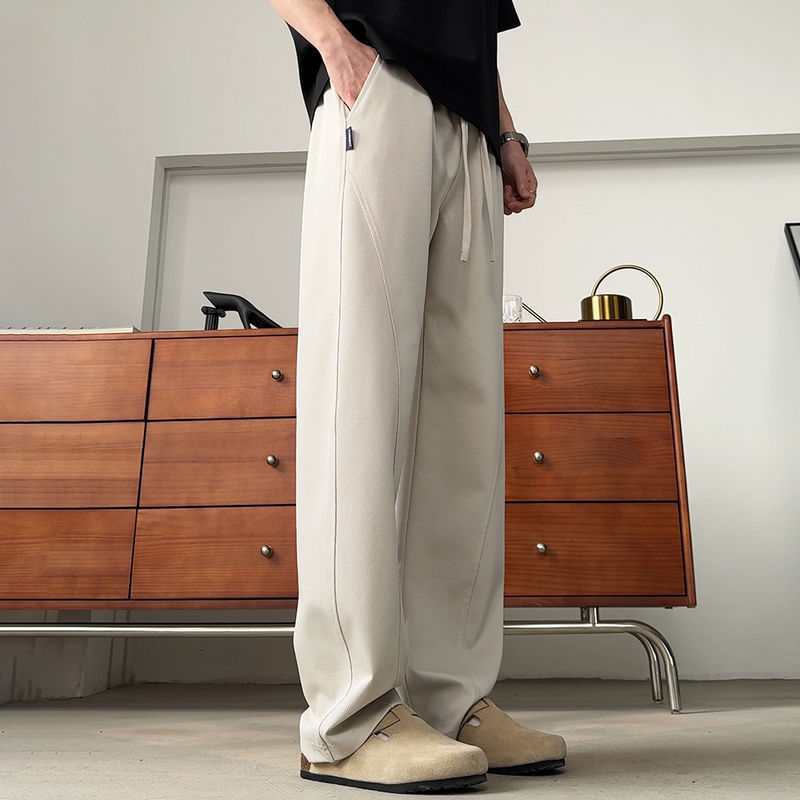 Pantalon de survêtement homme, couleur unie délavée, coupe ample, jambes larges, ourlet arrondi, longueur au sol, taille mi-haute, polyester, style printemps_voghion.com