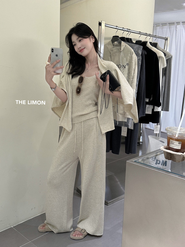 thelimon柠檬绿茶秋季极简风针织开衫内搭背心吊带休闲裤三件套装|undefined