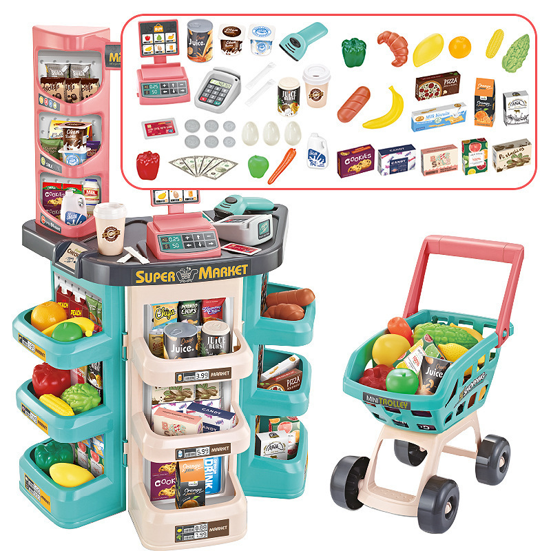 外国貿易児童シミュレーションスーパー販売台ショッピングカートの組み合わせセットはレジのままごとスーパーのおもちゃをスキャンする