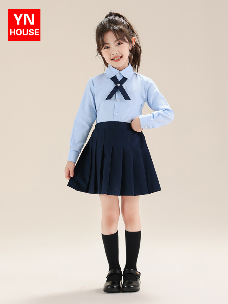 Traje de falda plisada estilo universitario para niños, camisa azul de manga larga para niñas de primavera y otoño, traje de actuación para niñas de escuela primaria