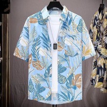 新款花衬衫男士短袖夏季痞帅夏威夷薄款青少年复古沙滩衬衣T跨境