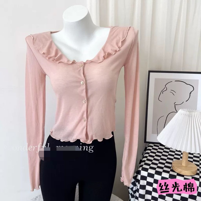 Pure Desire Ruffled Collar Sun Protection Cardigan Single-breasted Women's 2024 New Outer Knitted Air-conditioning Shirt Fairy Top