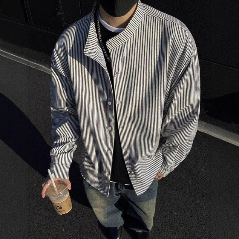 American Retro Black and White Stripesd Stand-Up Collar Shirt for Men, High-End, Handsome, Youth Preppy Style Long-Sleeved Shirt Jacket