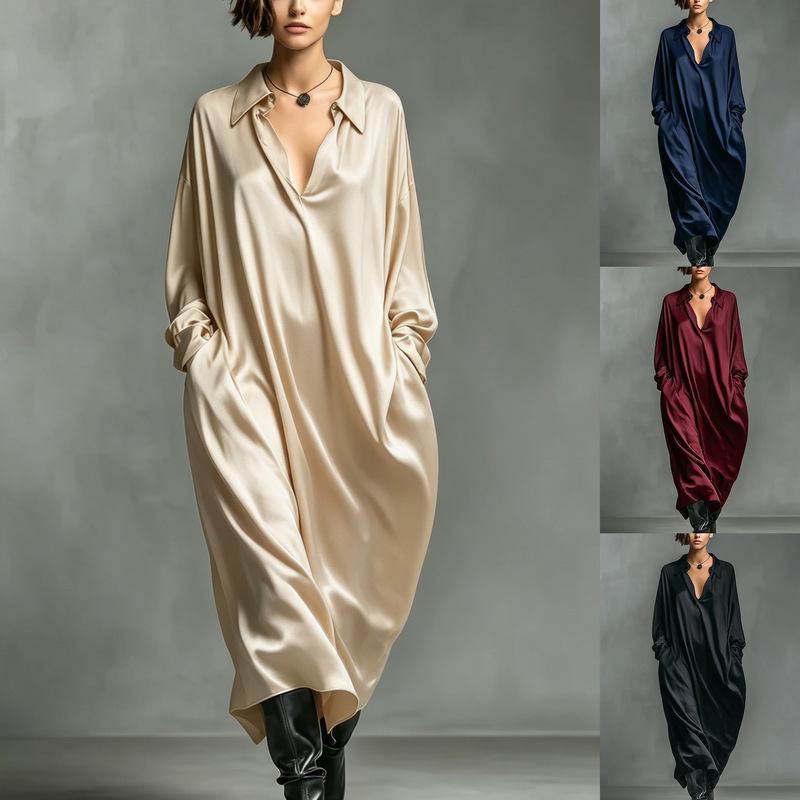 2026 Amazon European and American Cross-Border New Solid Color Satin Long Sleeve Shirt Dress 2026 Amazon European and American Cross-Border New Solid Color Satin Long Sleeve Shirt Dress
