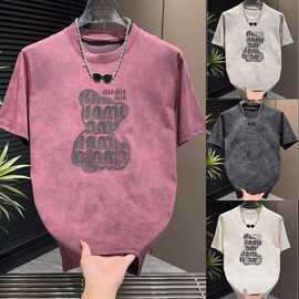 夏季圆领新款时尚扎染脏脏色男T恤短袖潮牌修身帅气百搭休闲上衣