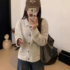 秋季复古粗线镂空翻领毛衣开衫女宽松慵懒风显瘦减龄针织外套上衣