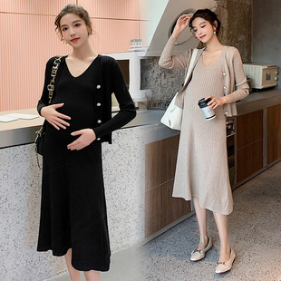 2024 Pregnant Women Autumn and Winter Knitted Sweater Fashion Elegant Suit Thickened Stretch Knitted Dress Two-Piece Set