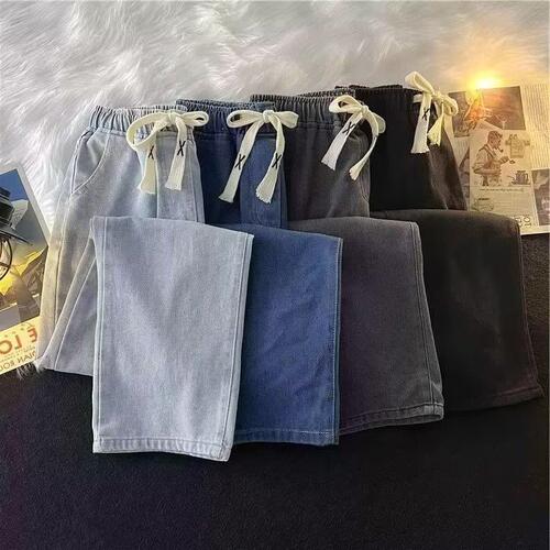 Spring and autumn jeans men's trend all-matching casual loose straight pants elastic waist long pants drawstring design
