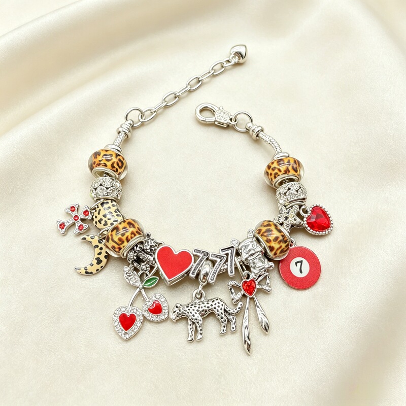 Pandora-style DIY beaded bracelet, trendy leopard bracelet, cross pendant, cherry red 7 bow pendant, fashion jewelry