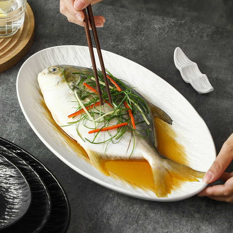 シンプルな石紋陶磁器皿楕円魚皿超大サイズ蒸し魚皿家庭用精緻料理皿釉薬下彩耐高温|undefined