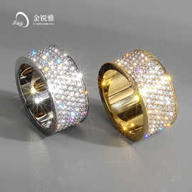 金锐雅工厂代工定制跨境欧美高质感钛钢CNC镶满六排钻锆石戒指