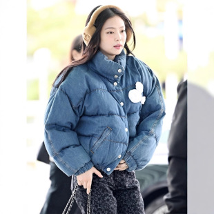 Jin Zhini Jennie Same Style Blue Denim Cotton Coat Women's Winter Loose Thickened Bread Coat Warm Cotton Coat