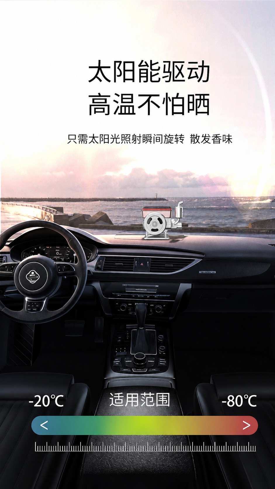 New car fragrance diffuser, long-lasting fragrance and odor-removing ornament for the car, solar-powered automatic rotating car fragrance