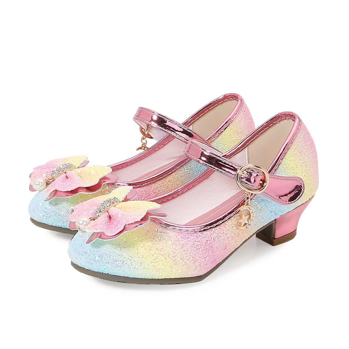 Girls high heels princess wind thick bottom small leather shoes net red rhinestone little girl performance shoes manufacturers a generation of hair