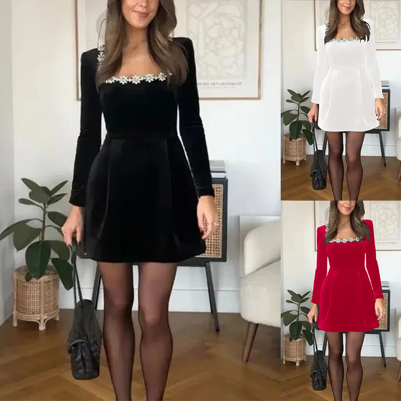 2024 European and American Spring and Summer Women's Black Velvet Slim Diamond Fashion Long-Sleeved Short Pure Color Square Neck Dress