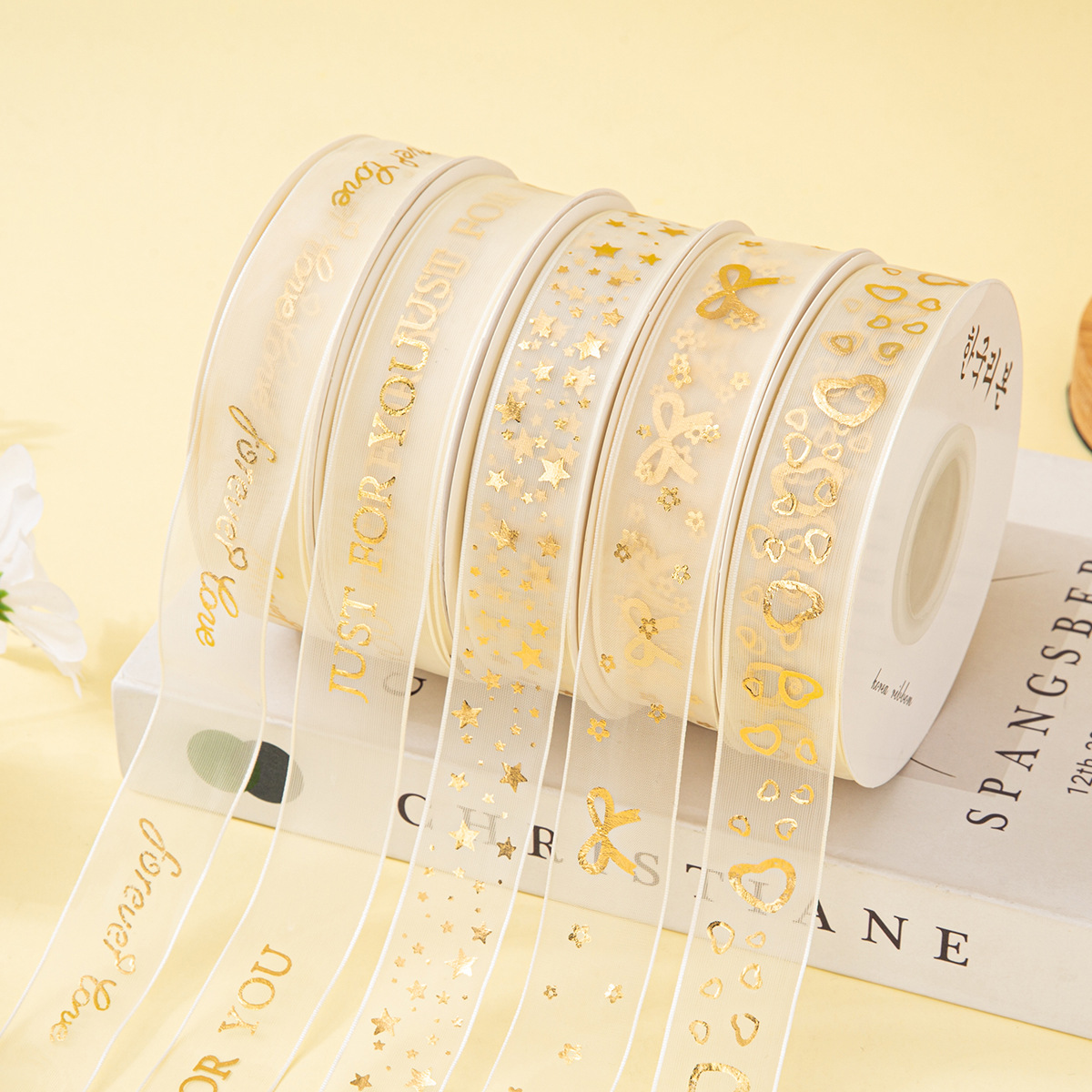 2.5cm10 yardas de malla de gasa de fantasía bronceado estrella de amor cinta de hilo pastel de San Valentín caja de regalo de flores