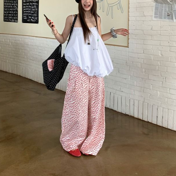 甜美风套装不规则白色花苞吊带背心女夏季碎花阔腿裤休闲裤两件套|undefined