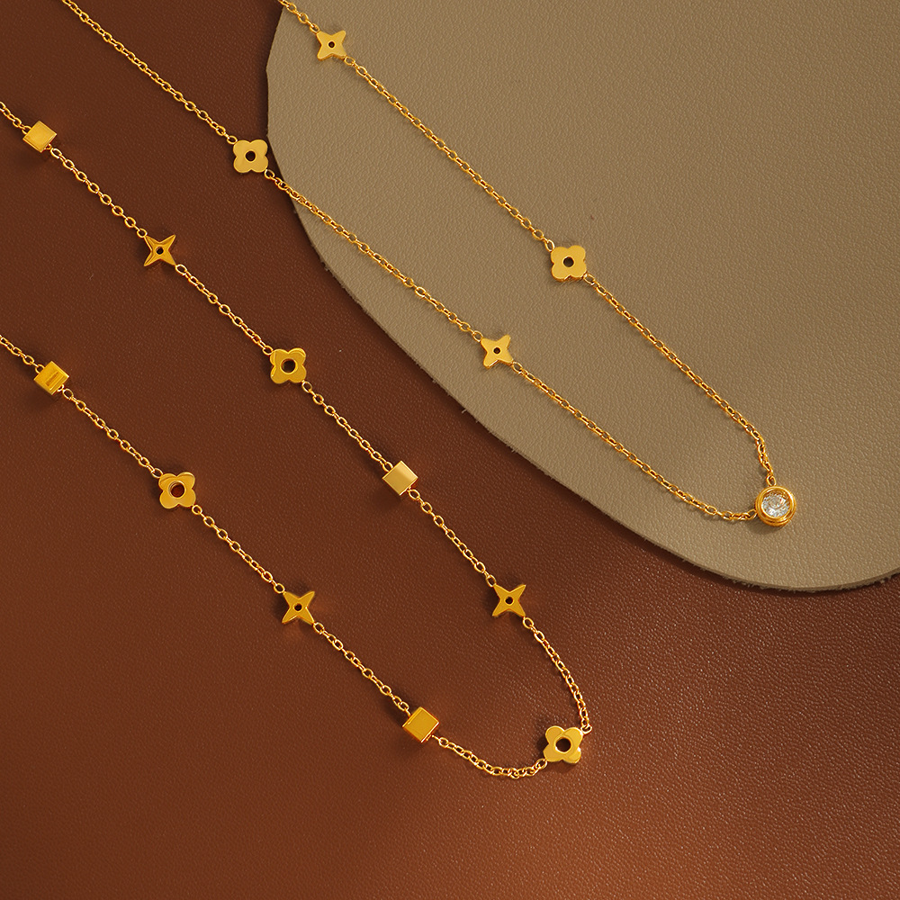 Titanium steel non-fading four-leaf flower small square light luxury high-end temperament women's clavicle chain versatile fashion necklace