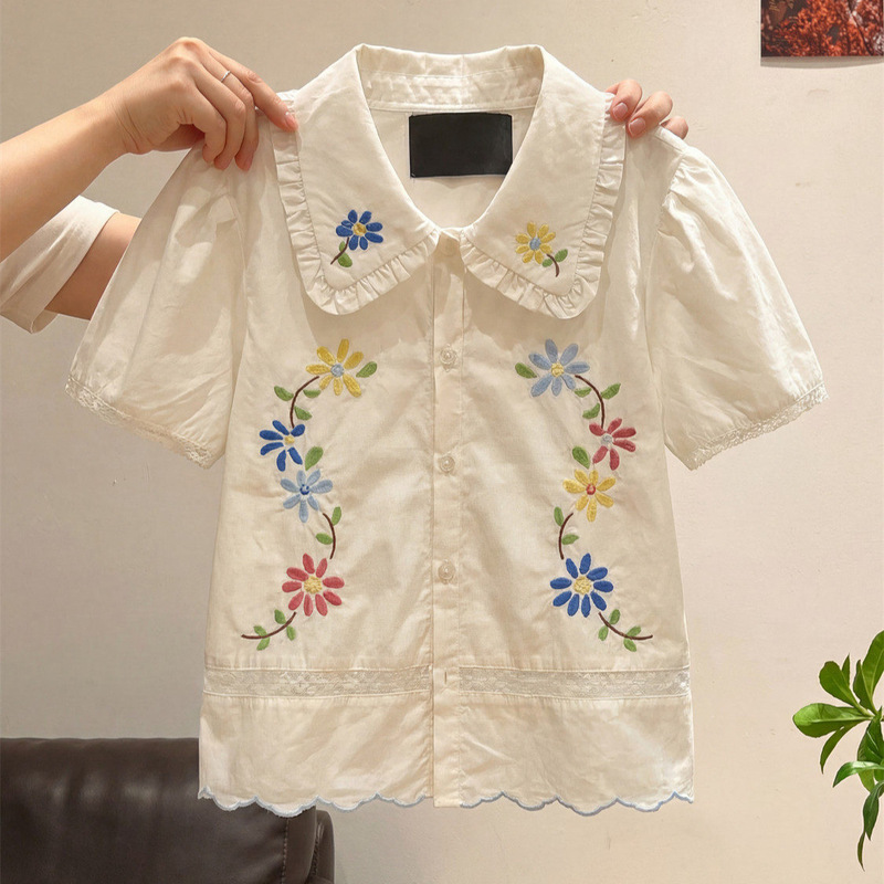 Sweet Doll Collar Shirt for Women, Summer Apricot Color Floral Embroidery Style, Age-Reducing, Versatile, Slim-Fit Short-Sleeve Top for Petite Figures Sweet Doll Collar Shirt for Women, Summer Apricot Color Floral Embroidery Style, Age-Reducing, Versatile, Slim-Fit Short-Sleeve Top for Petite Figures