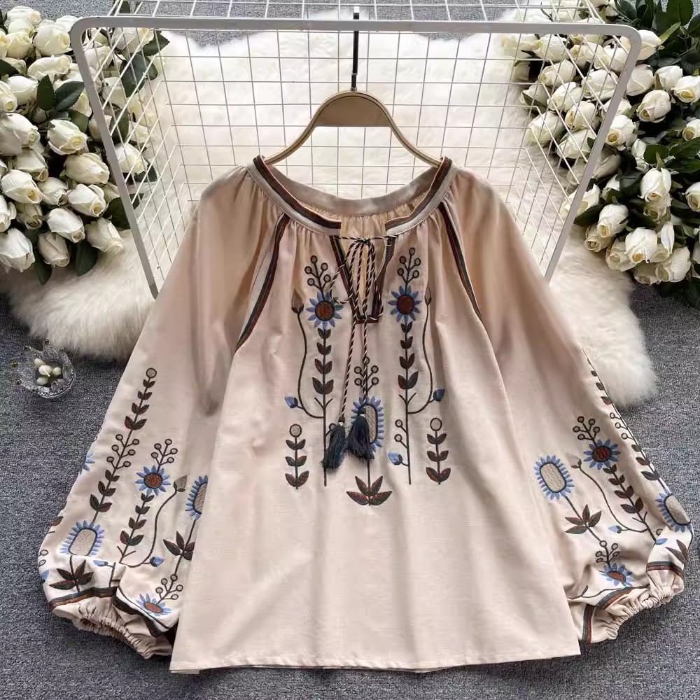 Bohemian Style Vintage Embroidered Printed Long-sleeved Shirt Top Women's Loose Casual French Style Chic Doll Shirt