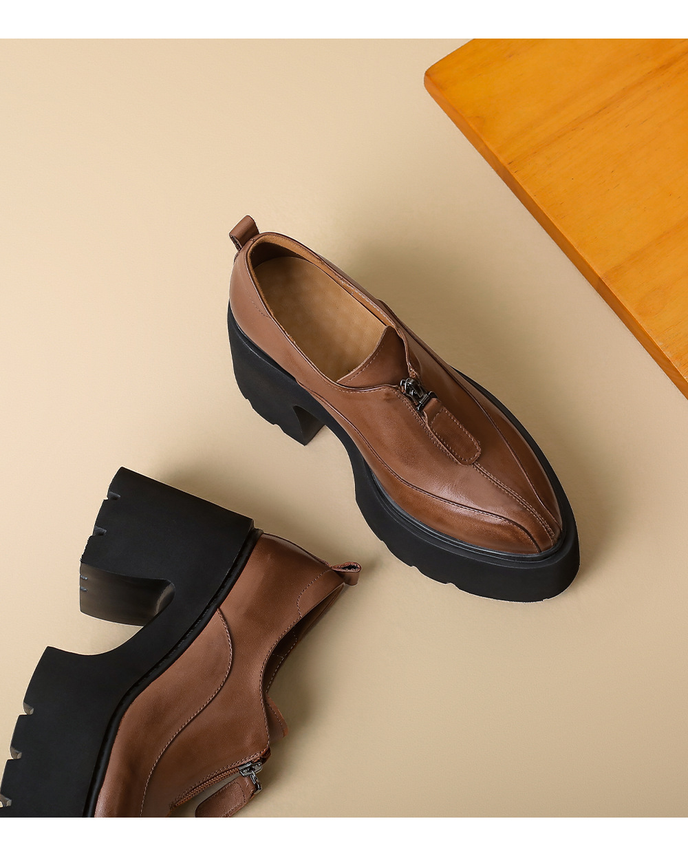 Giày loafer nữ đế xuồng da thật gót vuông phong cách Anh quốc — màu nâu chi tiết 13