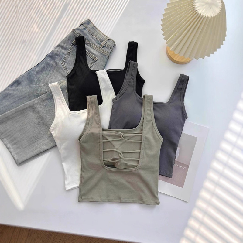 Hollow-Out Cross-Back Camisole with Built-In Bra Pads, Workwear Style, Slim Fit, Sexy and Flattering