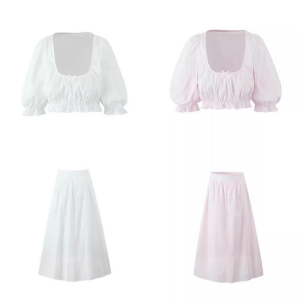 2026 Spring New Women's Clothing: Puff-Sleeved Short-Sleeved Shirt, Waist-Exposing Short Top, and High-Waisted Long Skirt 2026 Spring New Women's Clothing: Puff-Sleeved Short-Sleeved Shirt, Waist-Exposing Short Top, and High-Waisted Long Skirt