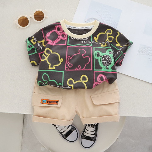 T-shirt Letter Print Two-Piece Summer Set for Boys with Round Neck Short Sleeve Casual Clothing