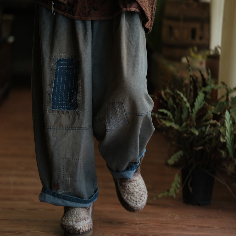 Luoguni Light Custom Washed Denim Literary and Artistic Versatile Contrasting Color Loose Pants 2339 Light Blue