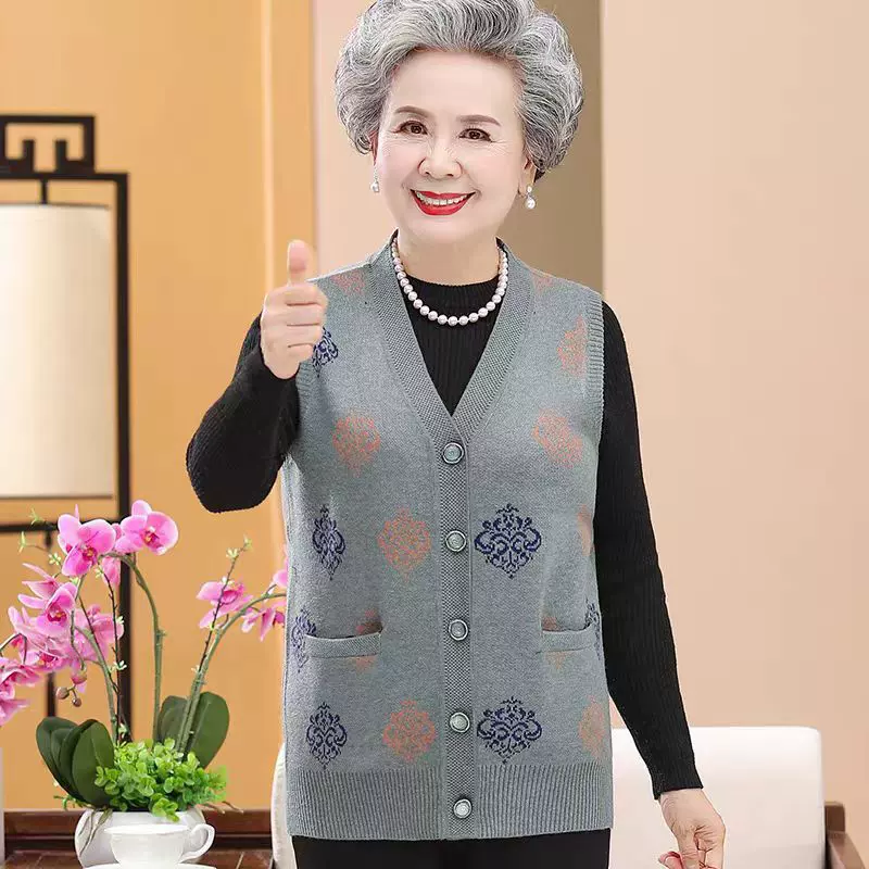 老年人秋装针织马甲奶奶装老太太衣服V领外套7080岁妈妈背心坎肩