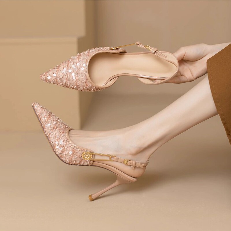 Sequin Cloth One-Line Buckle with Skirt and High Heels for Women 2025 Autum New Pointed Toe Stiletto Banquet Shoes Flats