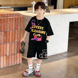 现货棉男童套装潮牌夏装宽松休闲运动短袖五分短裤中大儿童套装