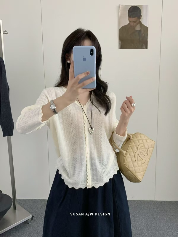 苏珊 2025新款韩系慵懒编织花朵边单排扣V领开衫上衣针织衫26998|undefined