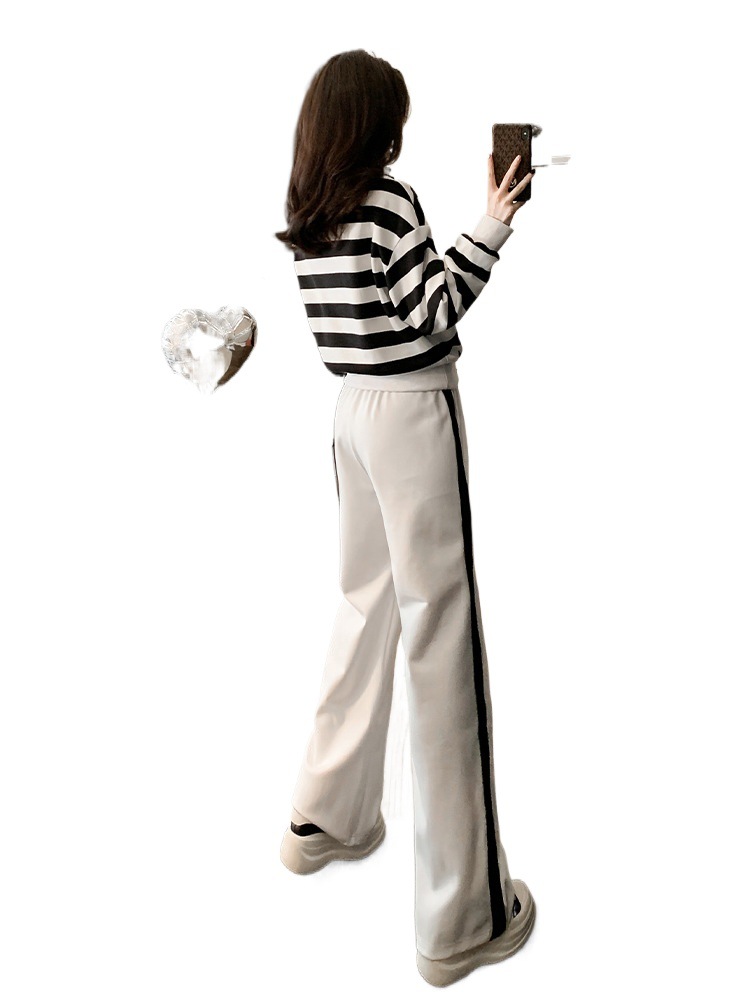 街頭レジャー風少女活力スポーツスーツ女性秋ジッパー縞上着高腰広脚ズボン2点セット