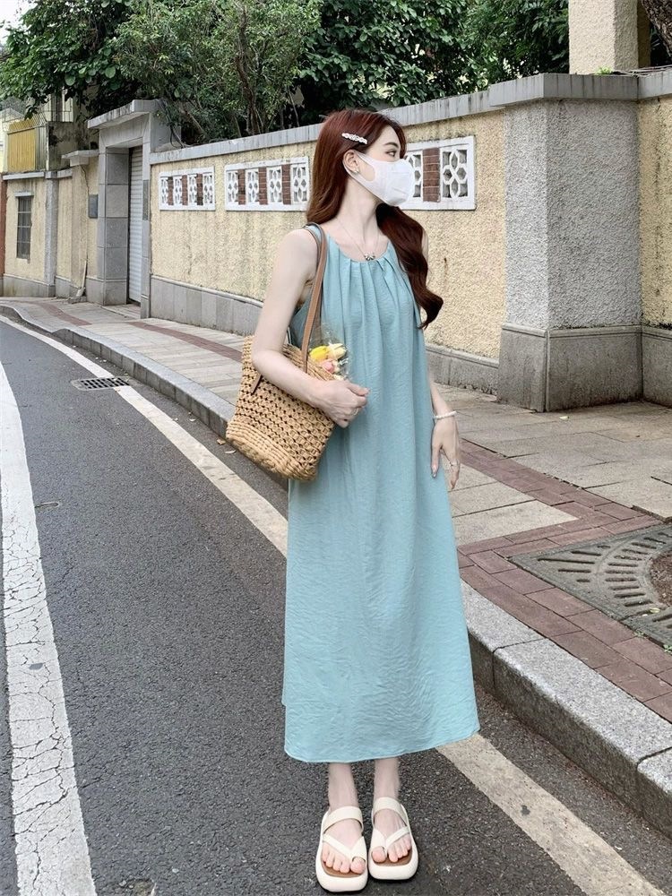 Đầm maxi nữ mùa hè dáng suông tay vest, phong cách nghỉ mát bãi biển — Xanh lá cây nhạtcolor chi tiết 4