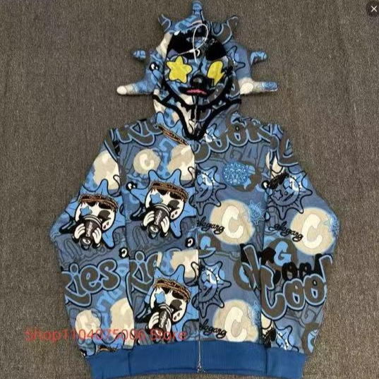 Cross-Border New Men's and Women's Trendy Brand Same Style Skull American Trendy Shark Suit Printed Hooded Long-Sleeved Zipper Sweatshirt