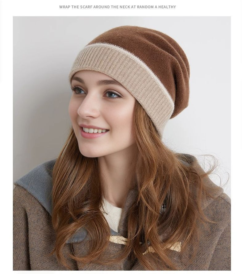 Herbst und Winter Neue Stil Kaschmir Wolle Gehörschutz Warme Kontrast Gestrickte Hut frauen Baotou Pullover Haufen Kappe_voghion.com