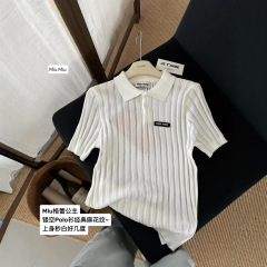 ミイララペルポロニットラペル半袖カレッジスタイルツイスト年齢軽減夏甘い中空Tシャツトップ女性用