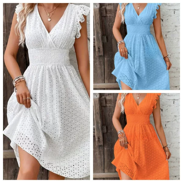 Amazon 2024 European and American Fashion New Mid-Length Skirt Jacquard Cut Out Slimming Look V Neck Large Size Pure Color Dress